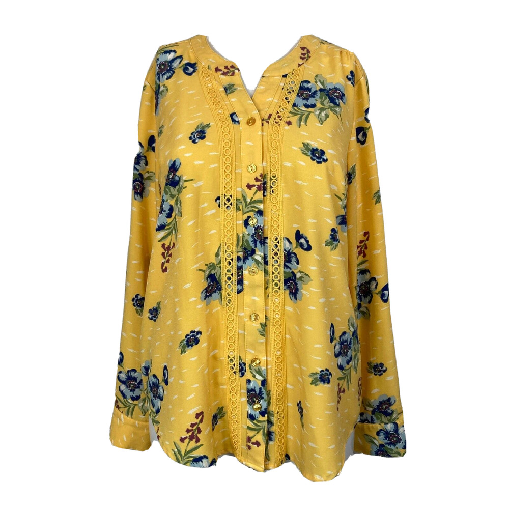 Denim & Co Womens Shirt Womens XS Yellow Blue Floral Button‎ Up Chiffon Blouse